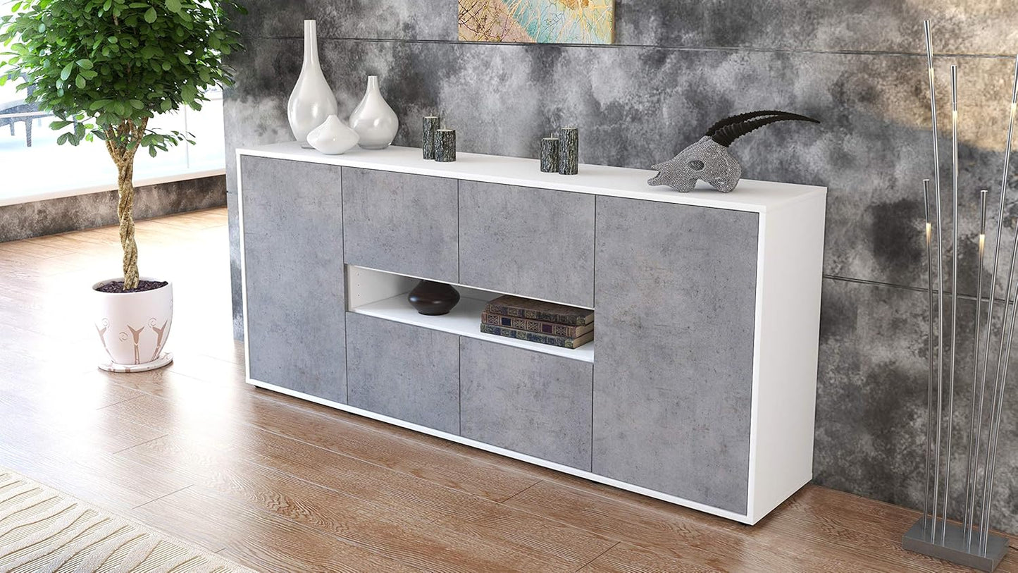 Farina Sideboard - Body White Matt - Front Concrete Look (180 x 79 x 35 cm) Push-to-Open Technology