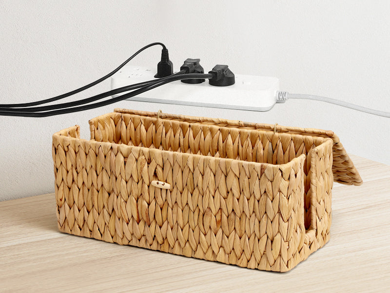 Posprica Cable Management Box with Lid, 2 Pack Handwoven Water Hyacinth Cord Hider Organizer Boxes, 2 Side Open Slots Storage Box to Hide Cords and Power Strip for Desk, Floor, Office