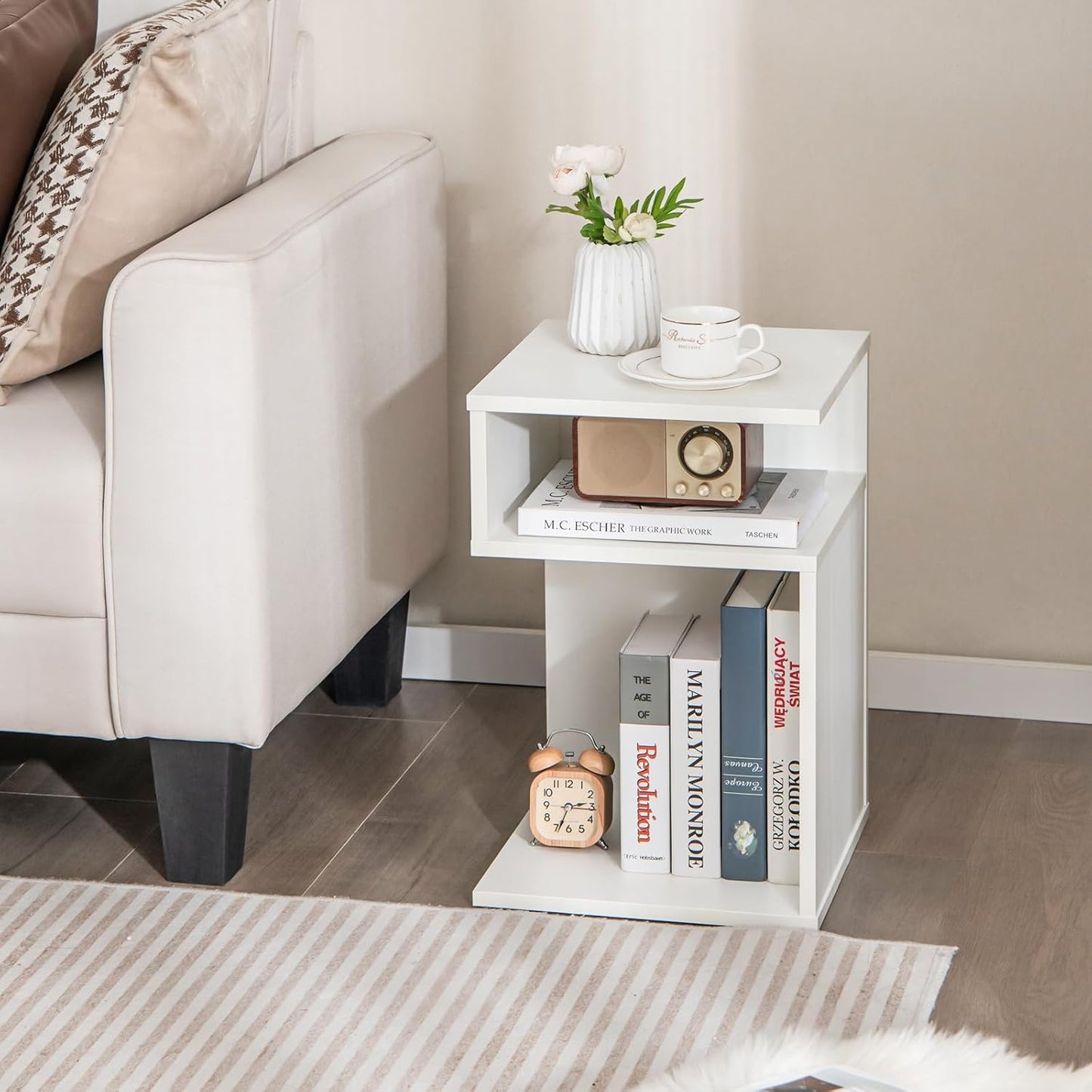 COSTWAY Wooden Side Table, 3 Levels Sofa Table, Bedside Table, White, Modern, for Living Room and Bedroom, 33 x 33 x 50 cm