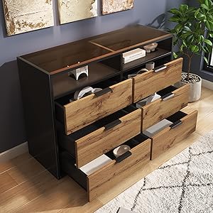 Cabinet Chest of Drawers Sideboard, Drawer Cabinet Lowboard with 6 Drawers Storage Space and Open Compartments for Bedroom, Furniture for Living Room, Children's Room, Kitchen, Hallway, 120 x