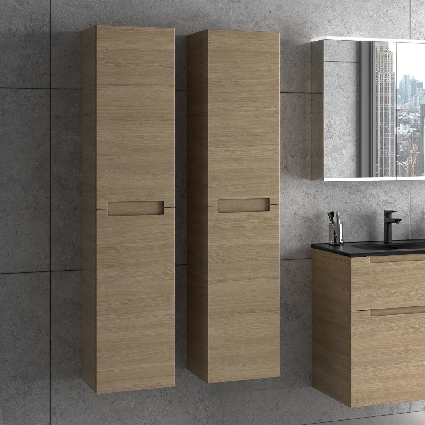 Premium Black Sink with Base Cabinet Matt Varnished 80 cm Wash Basin Bathroom Furniture Bathroom Cabinet Bathroom Cabinet with Two Drawers (Natural Oak)