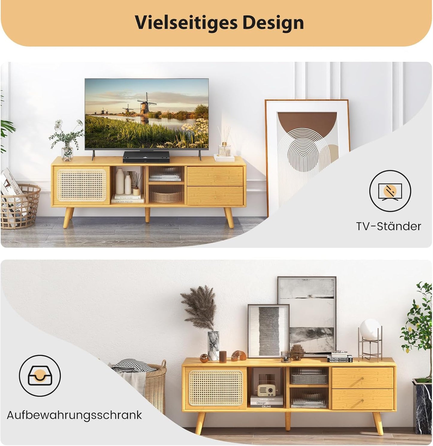 Bamboo TV Cabinet, TV Lowboard with Rattan & Glass Sliding Doors, TV Stand with 2 Drawers, TV Cabinet for TVs up to 65 Inches, for Living Room, 140 x 31 x 45.5 cm