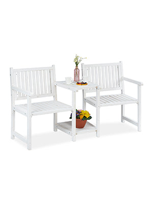 Garden Bench with Integrated Table, 2-Seater, Robust Wooden Bench, HBT: 86 x 161 x 61 cm, Garden and Balcony, White