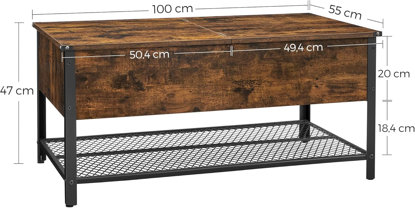 Coffee Table Living Room Table with Folding Top Closed Compartment and Mesh Shelf Metal Frame Industrial Style 100 x 55 x 47 cm Rustic Brown and Black LCT230B01