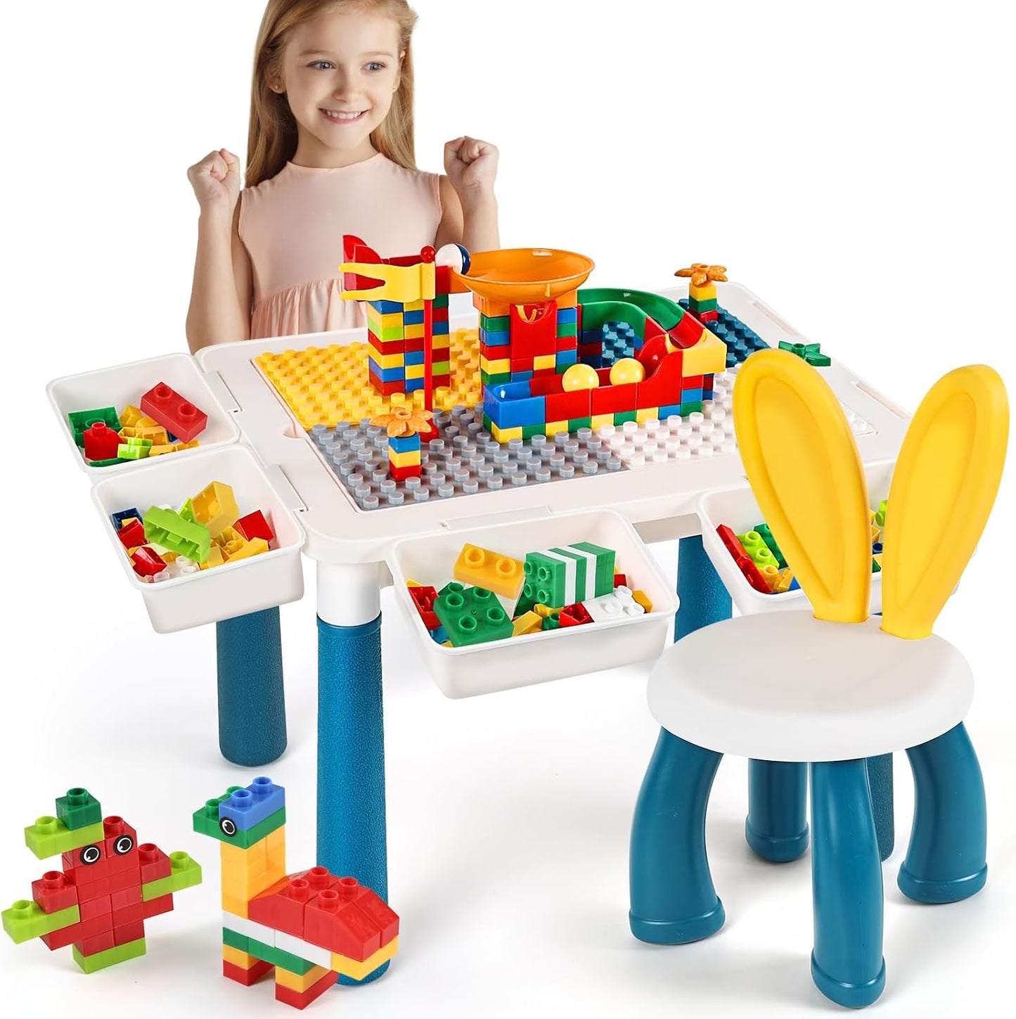 All-in-One Kids Multi-Functional Building Blocks Table, Activity Table and Chairs Set with 206 Pcs Building Brick Blocks, Storage, 4 Heighten Legs Water/Sand/Play/Dinning Table for Toddlers (Blue)