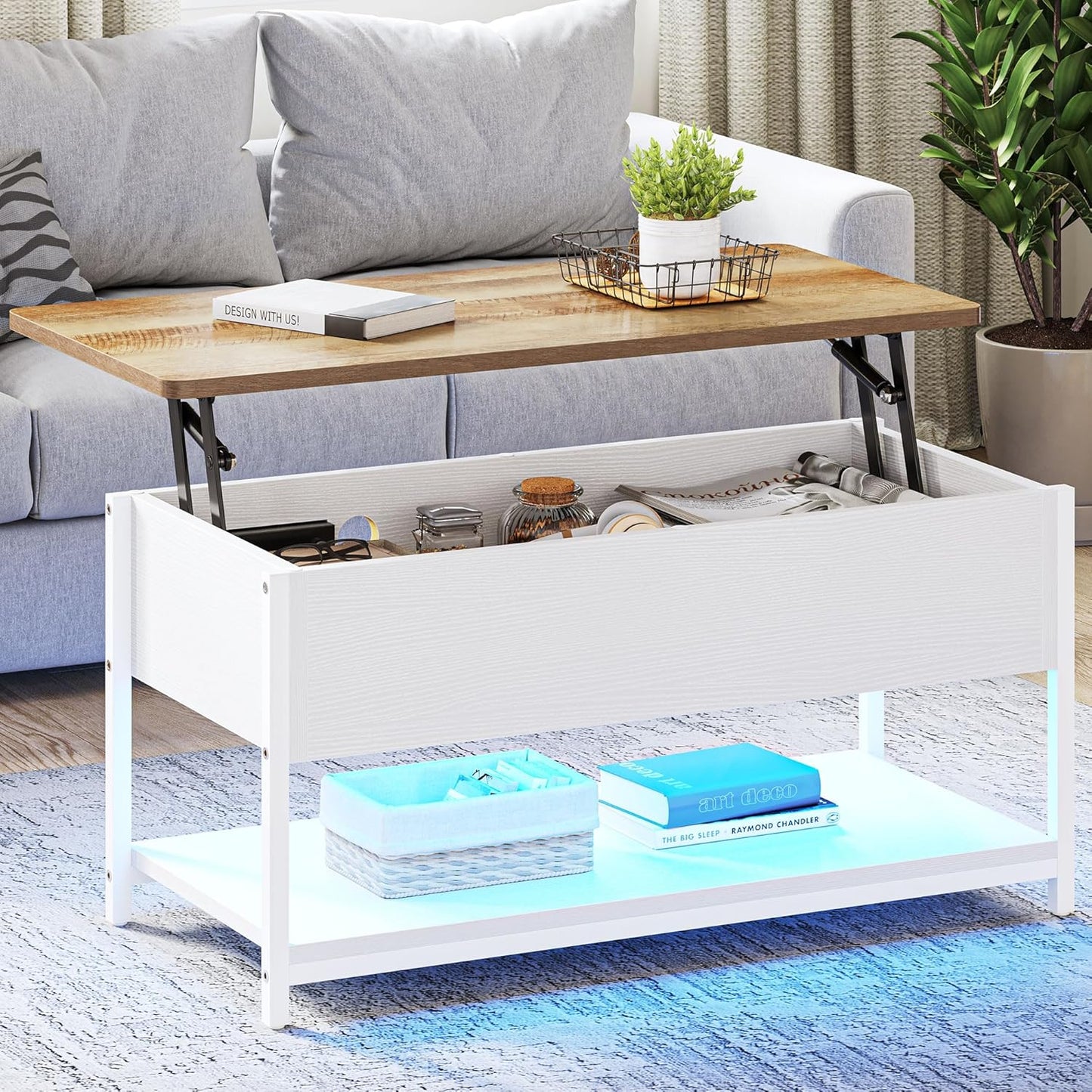 Coffee Table with Height-Adjustable Top, Extendable, Hidden Storage Space, Living Room Table, Side Table for Living Room, Office, with Power Strip and LED Light Strip