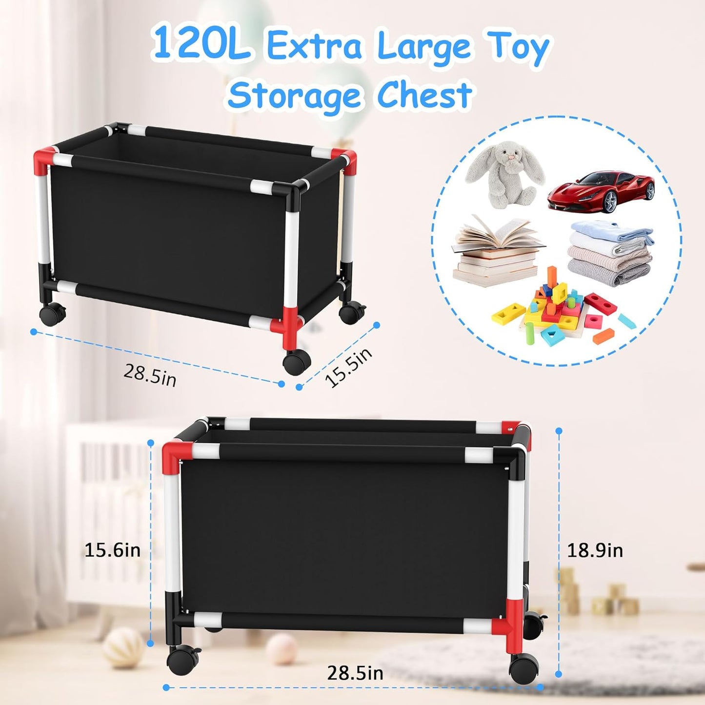 Extra Large Toy Box, Kids Storage Organizers with 360° Wheels, 120L Oxford Toy Chest Boxes for Boys Girls, Home Storage Organizer Toybox for Bedroom Living Nursery, 28.4 x 15.4 x19 Inches