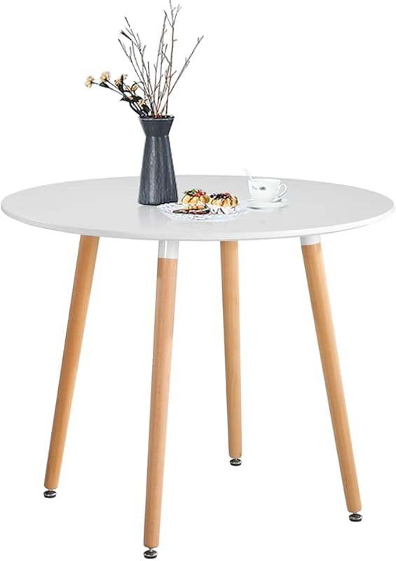 Round Dining Table Modern High Gloss Kitchen Table with Solid Wood Legs 80cm Small Office Table for Dining Room Living Room Cafe Indoor Furniture White AWS-041-3W