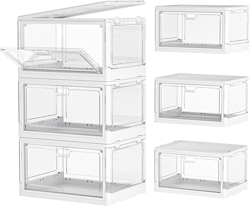 Clear Storage Bin with Lid 3 Pack 【Stackable & Sturdy】Plastic Multifunctional Folding Storage Bins for Bedroom, Living Room, Study, Toy Room, 23 QT Folding Box with Magnetic door