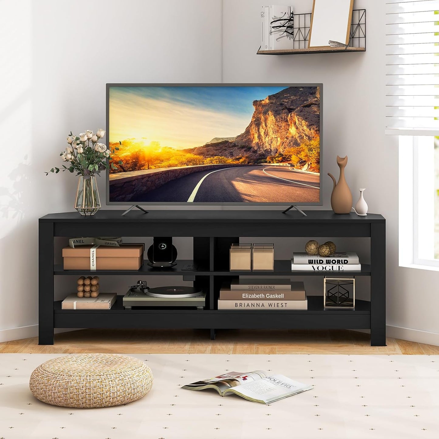 Corner TV Cabinet with Charging Station, TV Lowboard with 4 Open Shelves, TV Cabinet for TVs up to 65 Inches, TV Stand for Living Room, Bedroom, 140 x 40 x 49.5 cm, Black