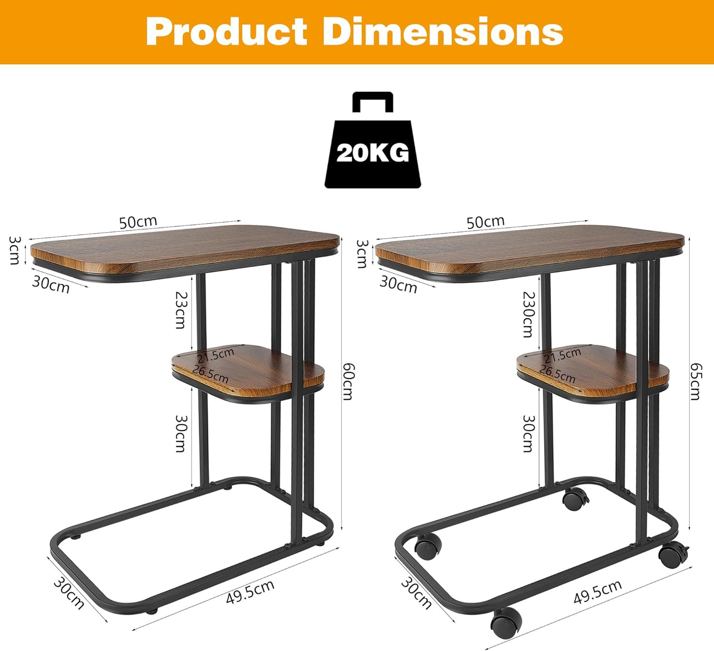 Side Table with Wheels | Side Table C Shape | Side Table Couch Have Metal Frame | Coffee Table Sofa Table | Industrial Design | Wooden Side Tables Small for Living Room Bedroom | Walnut