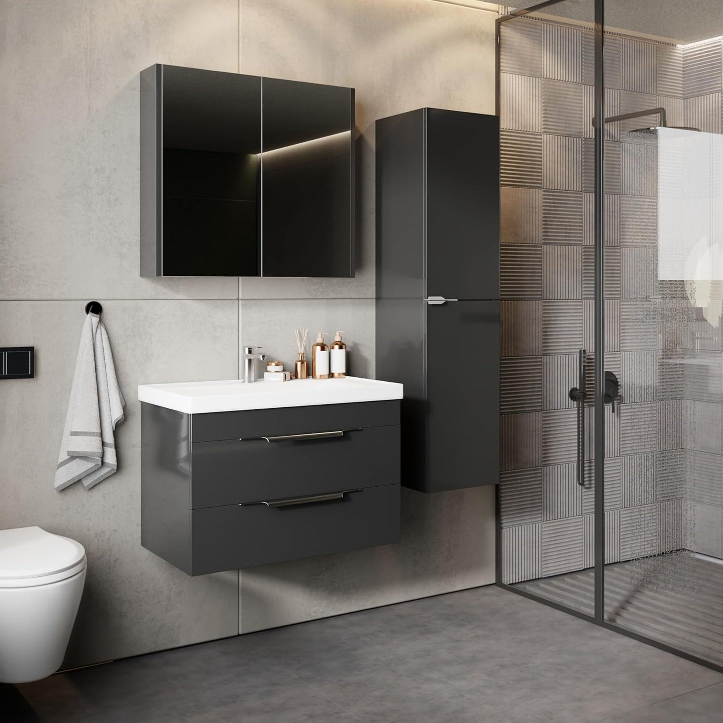 KAREN banyo Lotus 80 Bathroom Furniture Set, Anthracite, Ceramic Sink, Base Cabinet, Mirror Cabinet, Soft-Close Drawers & Doors & Handle Strips Made of Chrome, Modern Style, Bathroom Furniture