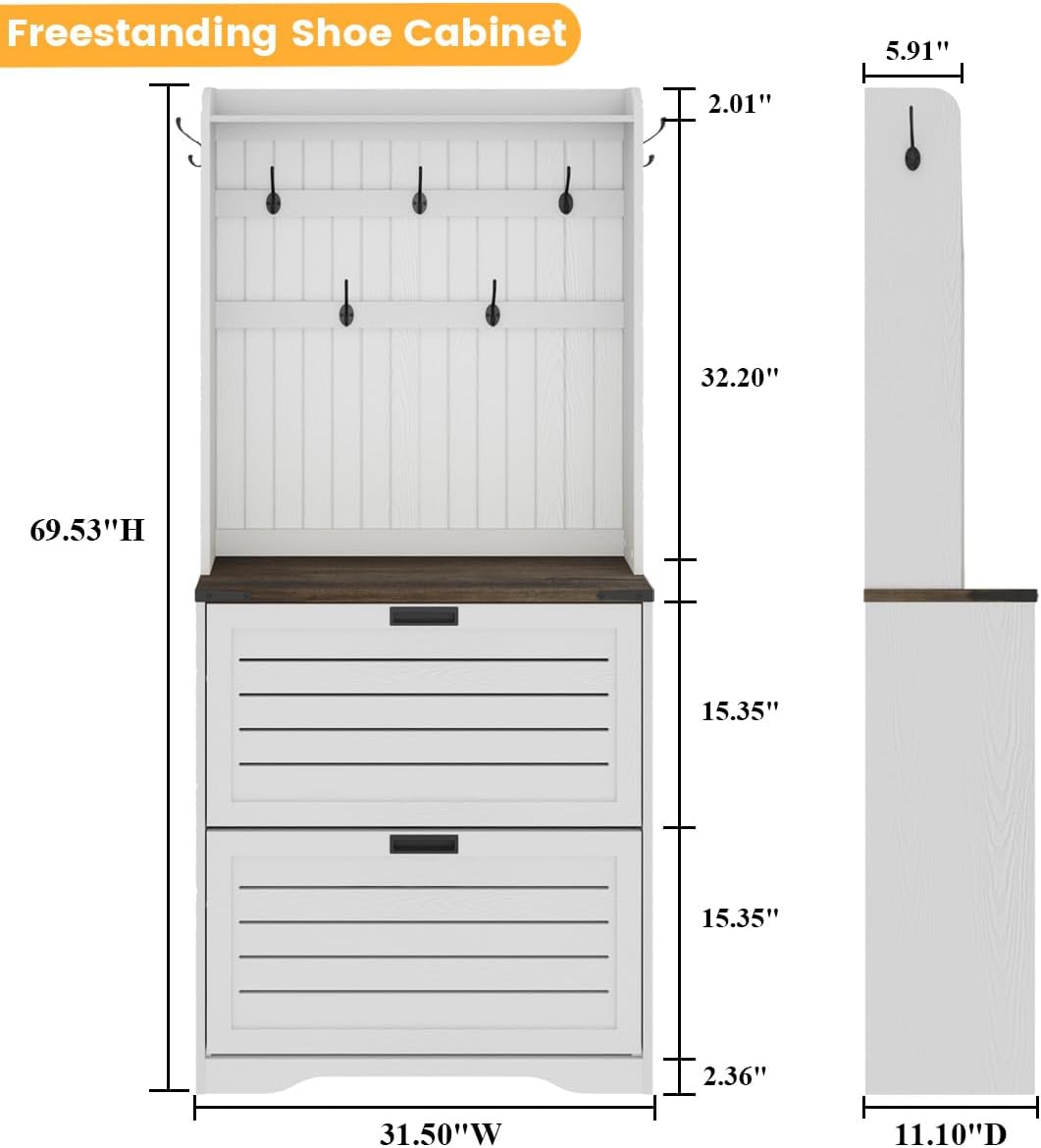 FATORRI Shoe Cabinet Storage for Entryway, Sturdy Freestanding Tall Shoe Storage with Flip Drawers, Tall Shoes Rack Storage with Coat Rack (69.53 Inch, Walnut Brown+White Oak)