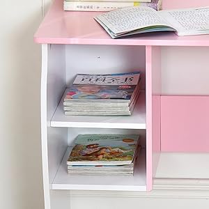 Kids Desk and Chair Set, Children Study Desk with Storage Shelf, Wooden School Study Table, Writing Table for Home School Use(Pink White)