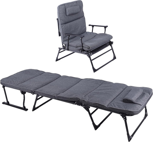 2-in-1 Multifunctional Folding Sun Lounger, Grey, 181 x 59 cm, Garden Deck Chair with Cushion Cushion, Garden Lounger Recliner Chair