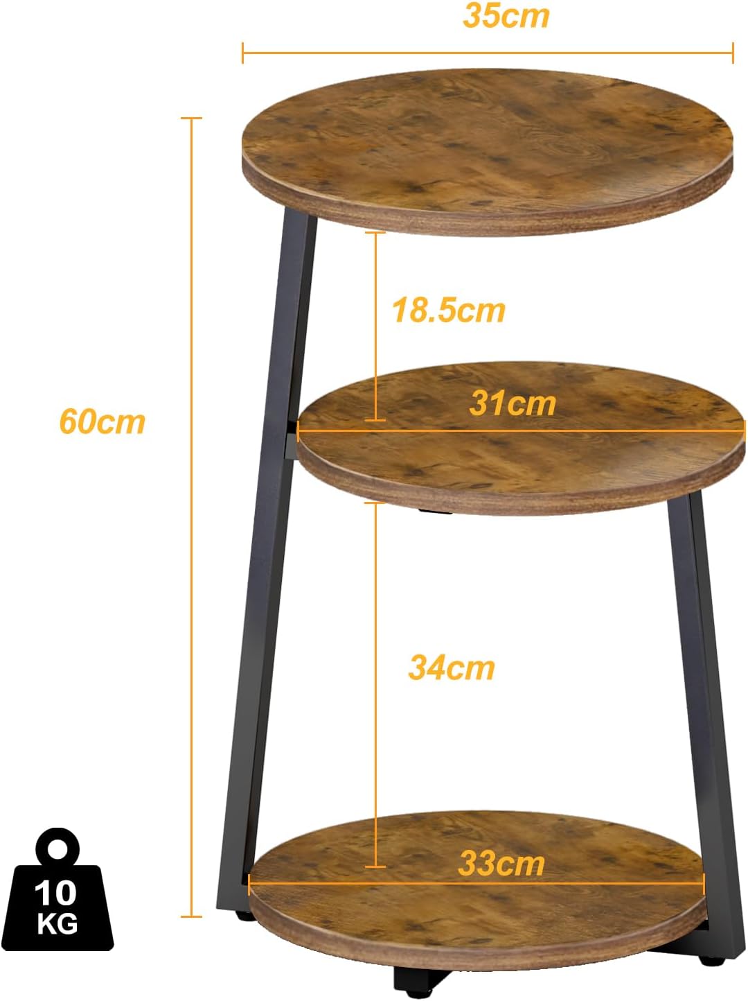 Round Side Table, 3-Tier Shelves, Wooden Side Table with Metal Frame, Small Table, Living Room for Living Room, Bedroom