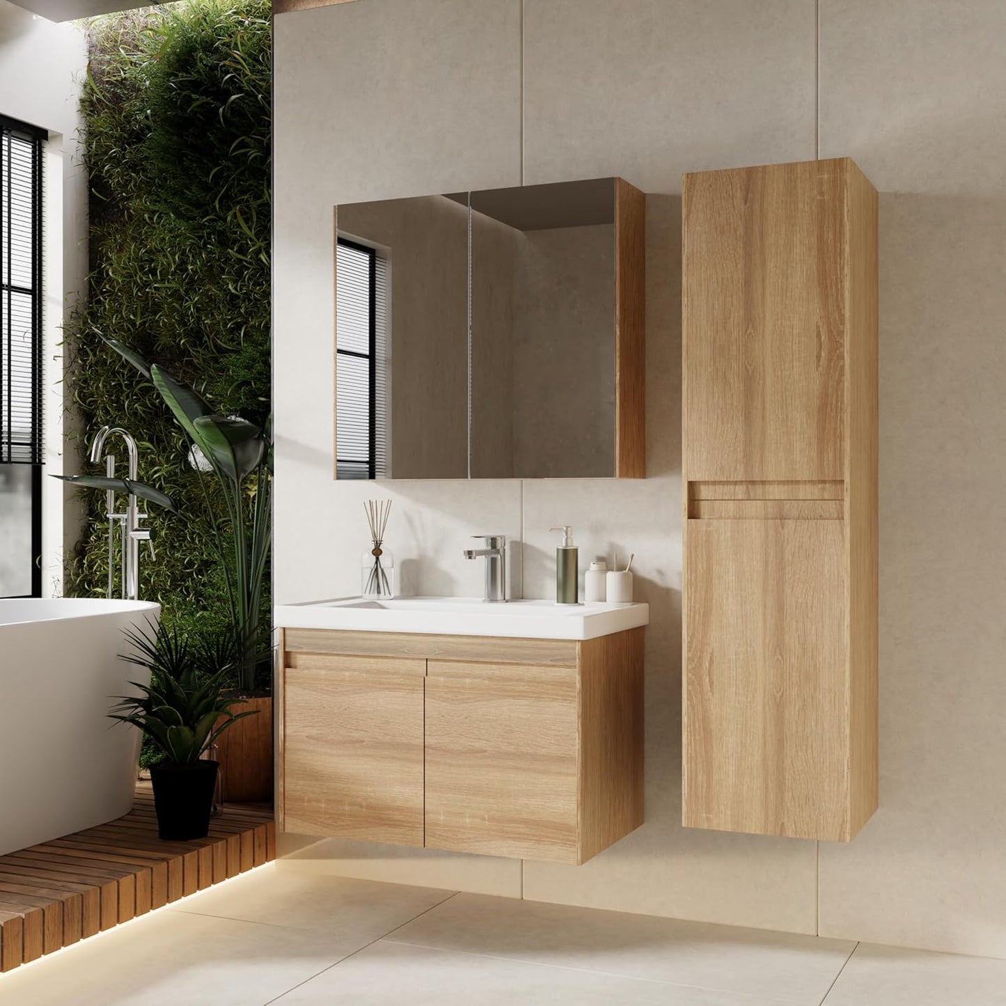 City Bathroom Furniture Set 3-Piece 60 cm | Wash Basin | Mirror Cabinet | Base Cabinet | Sonoma Oak | Soft Close Doors & Invisible Handles | Natural Style | Bathroom Furniture Washbasin