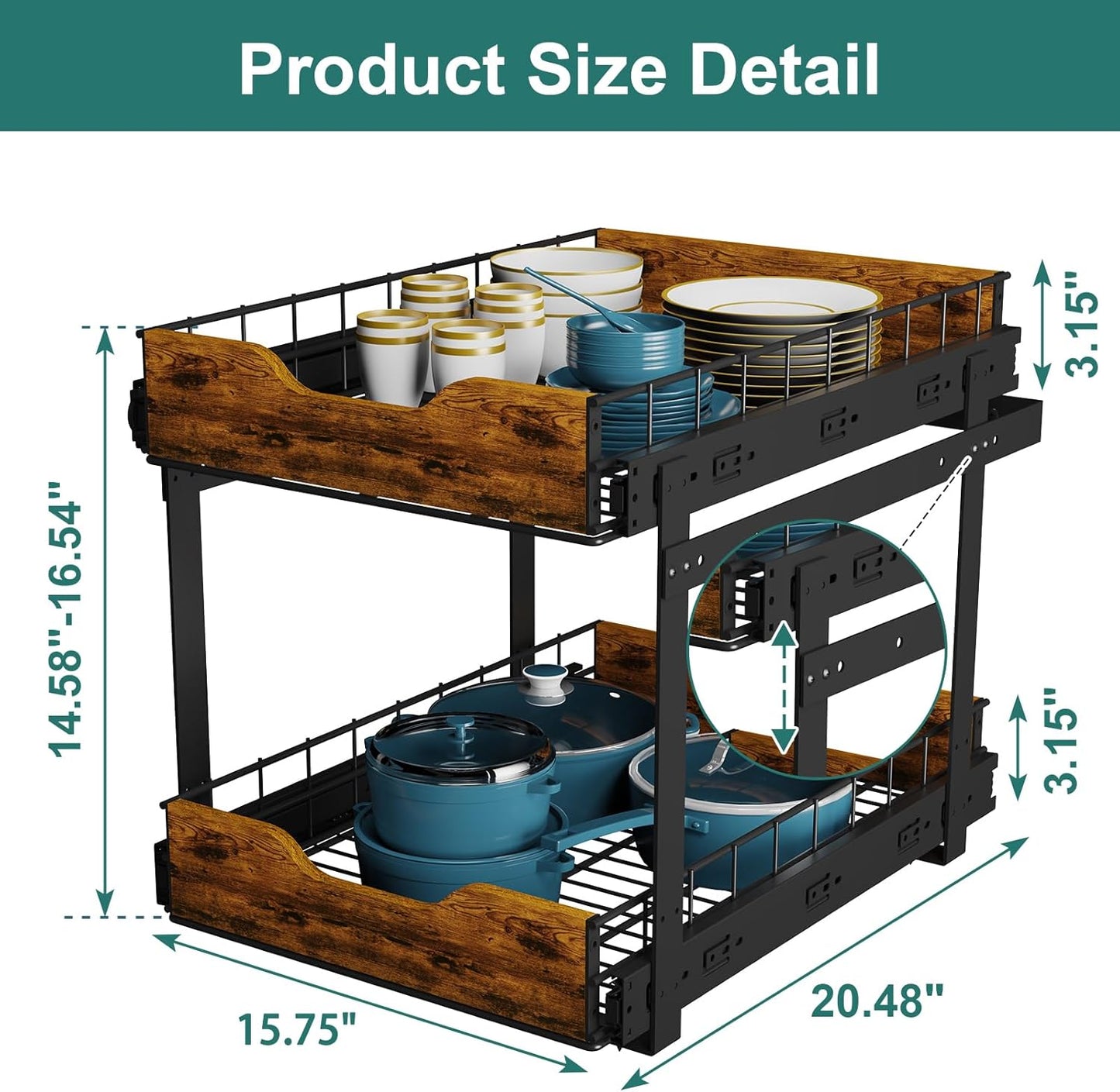 2 Tier Pull Out Cabinet Organizer 16" W X 21" D,Height Adjustable Slide Out Drawers for Kitchen Cabinets with Wooden Handle,Heavy-Duty Cabinet Pull Out Shelves for Pantry,Under Sink