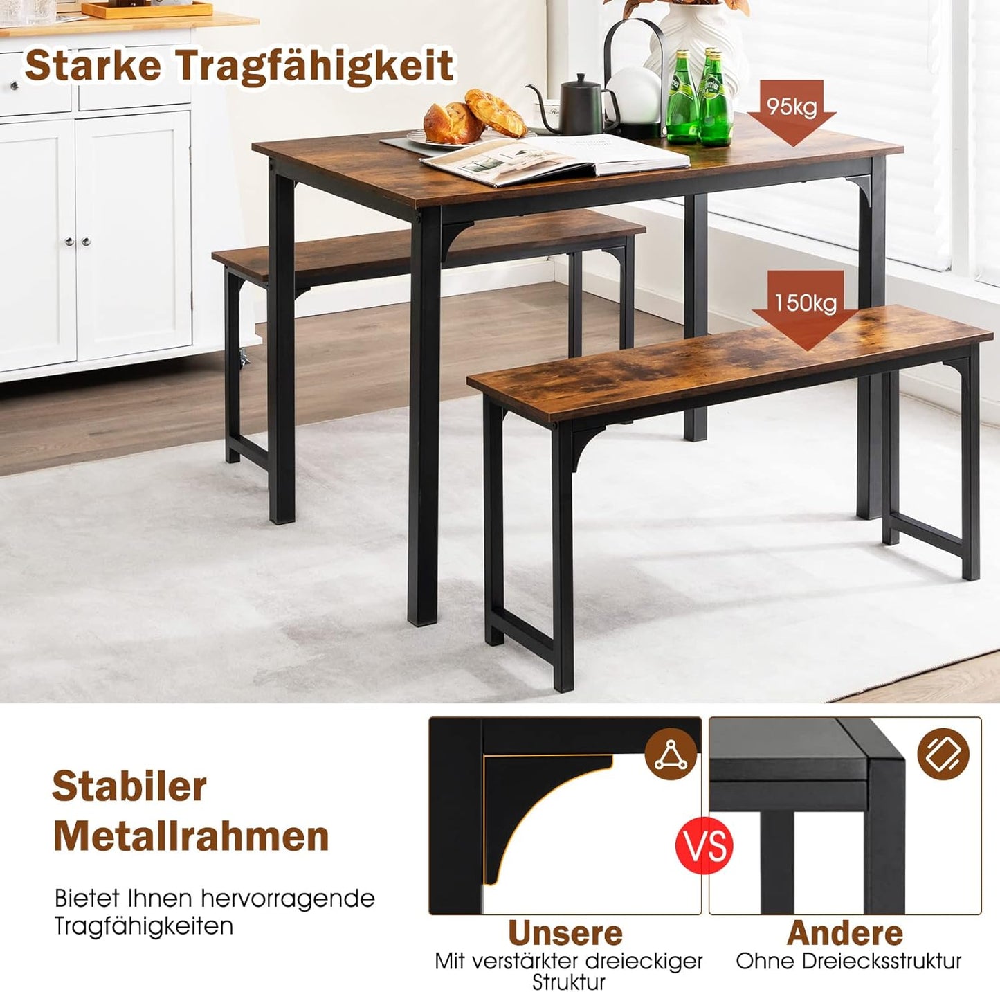 Esstisch mit 2 Bänken, Essgruppe 3er-Set, 110 x 70cm Küchentisch für 4 Personen, Esszimmertisch mit rostfreiem Metallrahmen, Sitzgruppe für Küche, Wohnzimmer, Esszimmer (Vintagebraun)