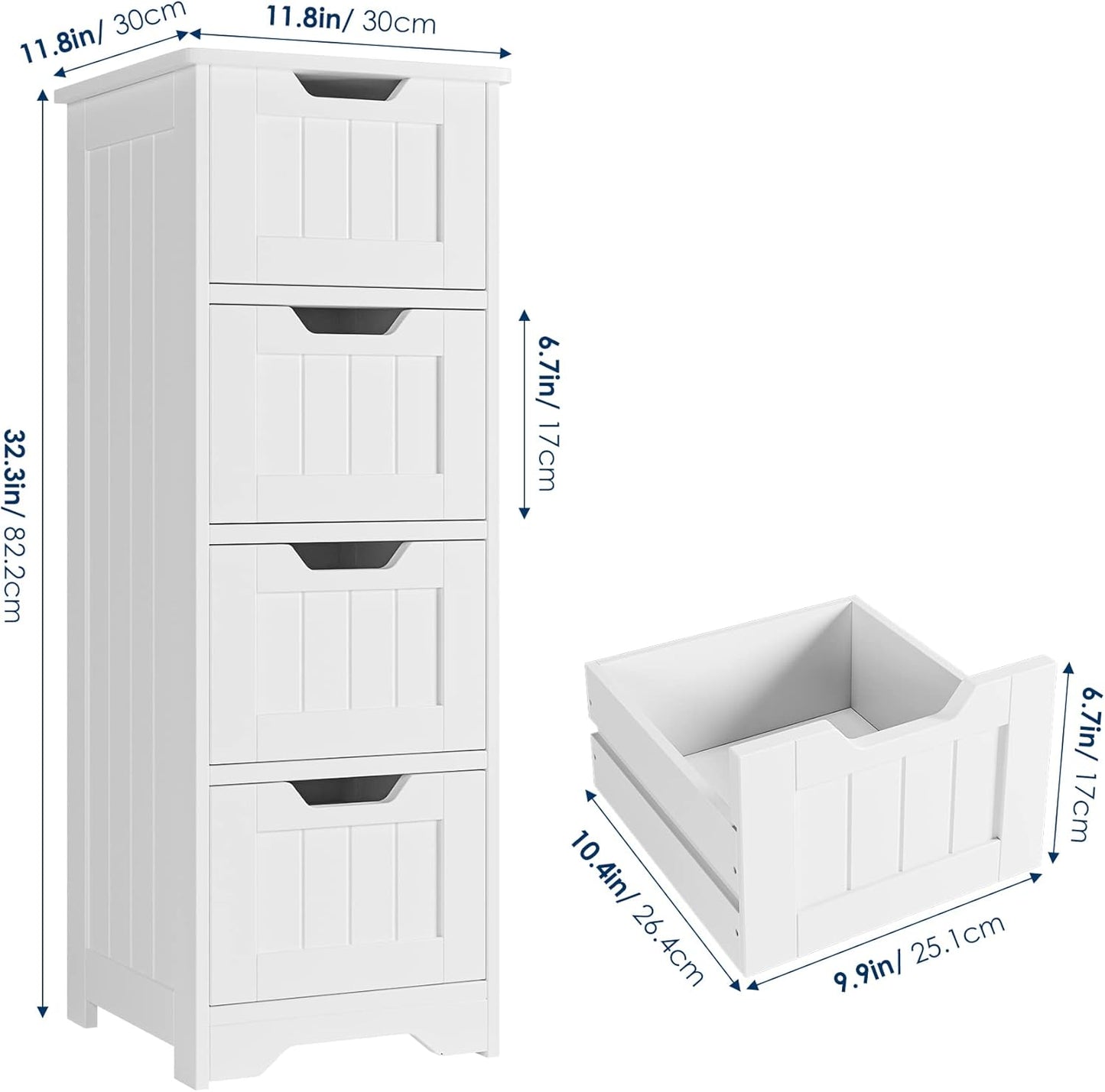 FOTOSOK Bathroom Storage Cabinet, Side Cabinet with 4 Drawers, 11.8” x 11.8” x 32.5” Freestanding Bathroom Cabinet Entryway Cupboard Storage Organizer Unit Home Furniture Decor, White