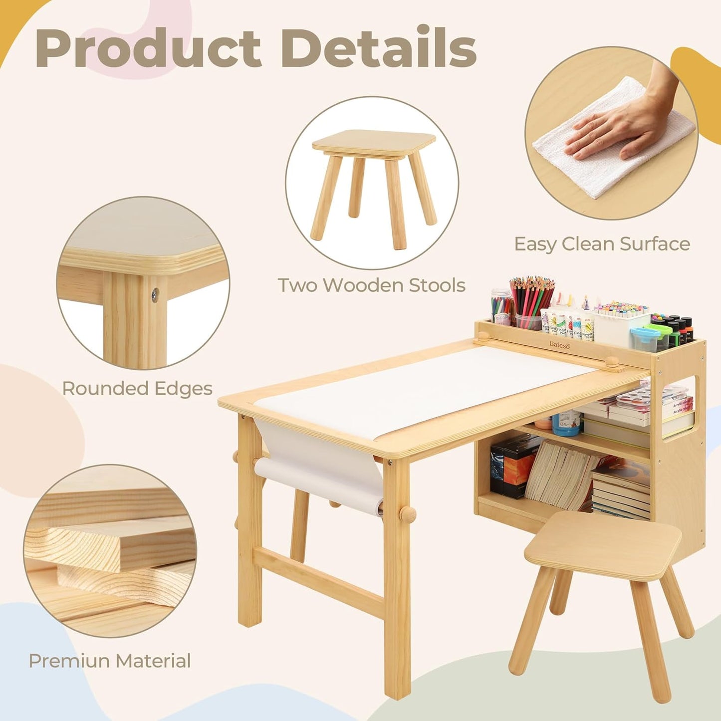 Kids Art Table & 2 Chairs Set with Roll Paper - Spacious Craft Table with Storage Shelves for Drawing, Activities, and Study - Ideal Wooden Furniture for Creative Play