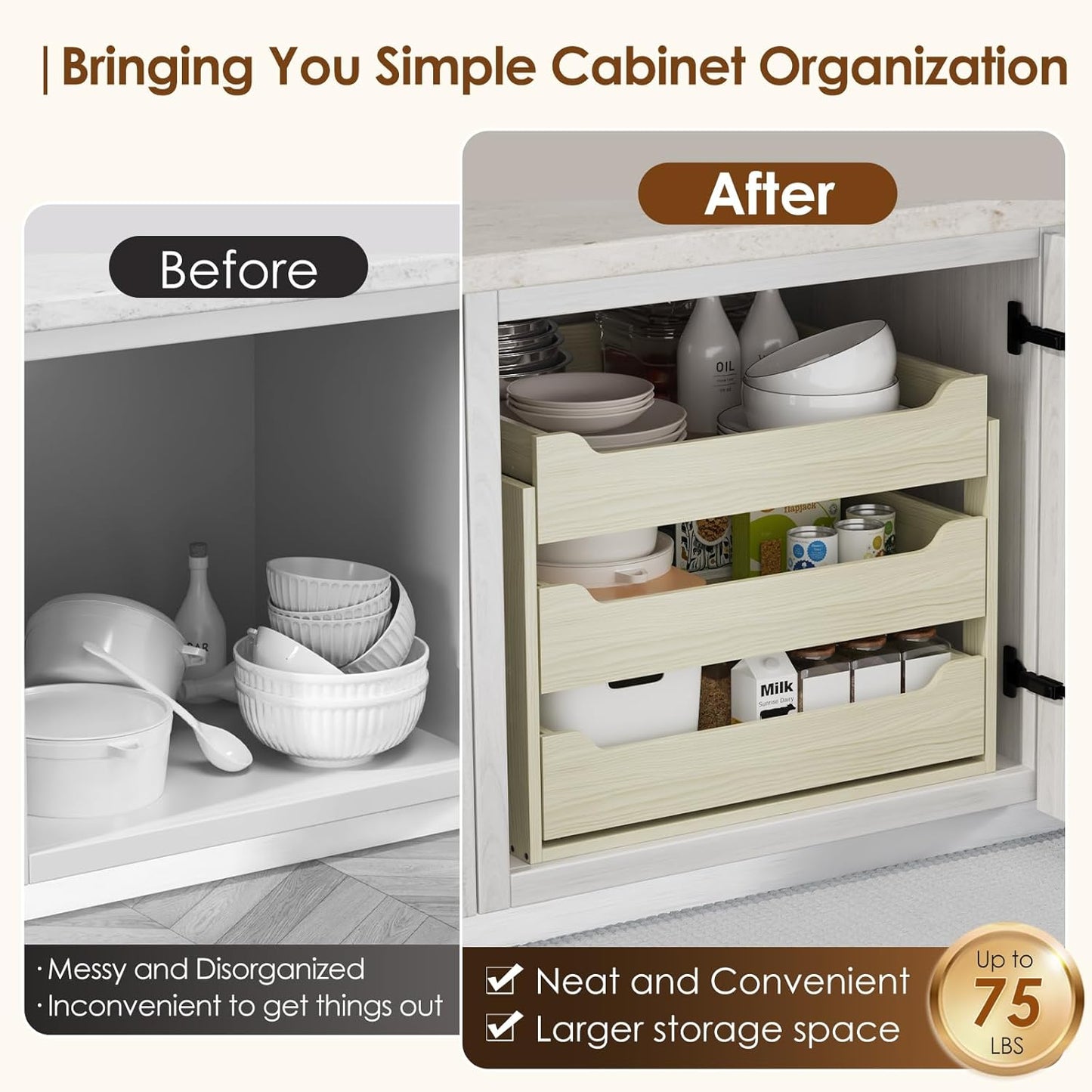 Adjustable Height Wood Pull Out Organizer 7.5” W × 21.5” D Smooth Pull Out Drawers for Cabinets 3 Tier Slide Out Drawers for Kitchen Cabinets Under Sink Wood