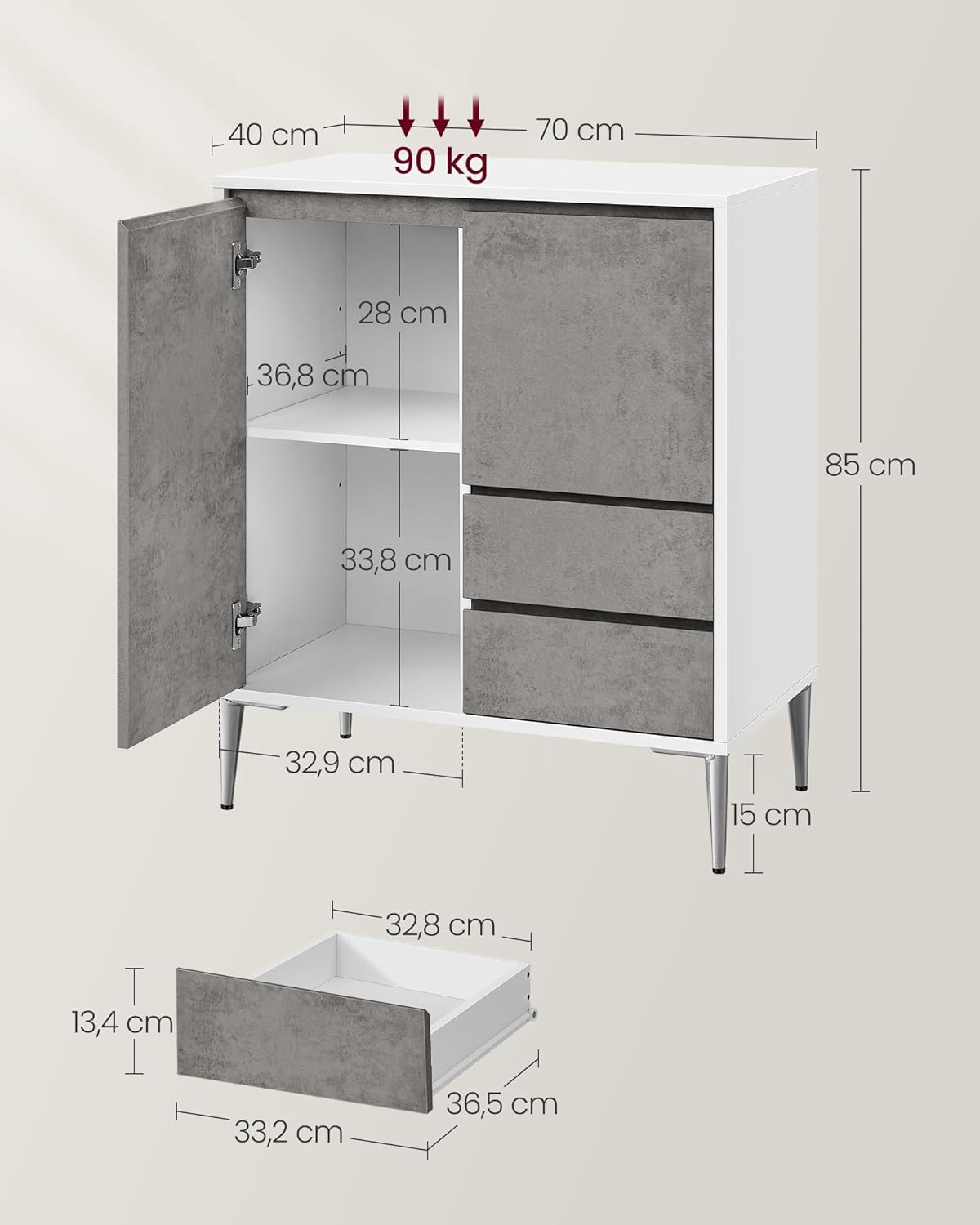 Storage Cabinet, Sideboard, Kitchen Cabinet with Doors, Height-Adjustable Shelves, 2 Drawers, Modern, 40 x 70 x 85 cm, for Living Room, Kitchen, Study, Concrete Grey, BBK243G02