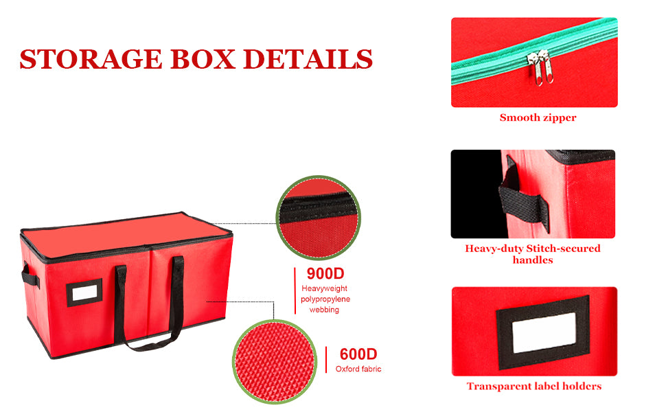 Red Christmas Ornament Storage Box, Ornament Storage Container Keeps 128 Holiday Christmas Ornaments 2.8-Inch, 600D Oxford 24" x 12" x 12" Organizer