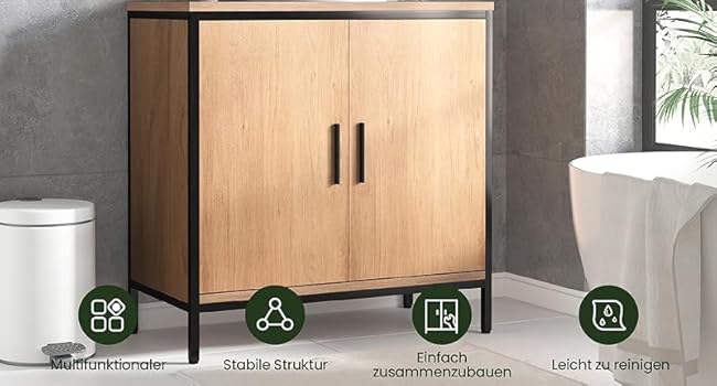 Bathroom Furniture Set, Bathroom Cabinet with Height-Adjustable Divider, Bathroom Cabinet with 2 Mirrors, Chest of Drawers with 4 Drawers, Side Cabinet, Made of Wood Material, Light Oak Black