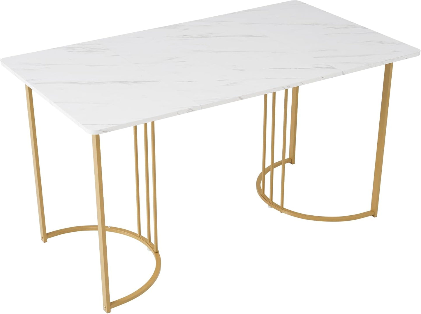 Dining Table 140 x 80 cm, Modern Kitchen Table with Metal Frame, Rectangular Marble Pattern Kitchen Table with Adjustable Feet for Dining Room and Living Room, White/Gold