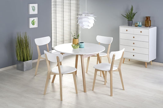 Dining Table Matte White Honey Oak Honey Round Extendible 102 to 142 cm