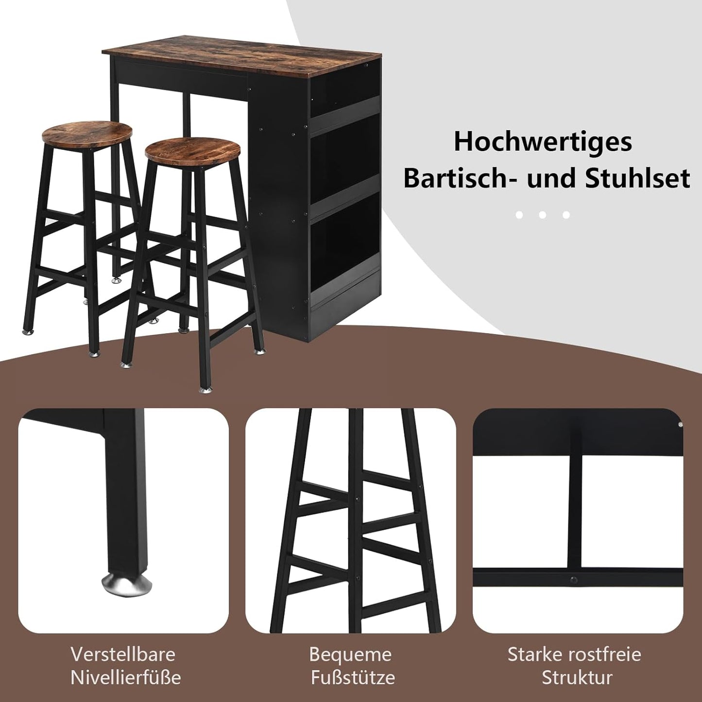 Bar Table Set 3-Piece Counter Table with 2 Bar Stools & 3 Shelves, Dining Table & Stool with Metal Frame, Dining Set for 2 People, Industrial Design, Vintage Brown + Black