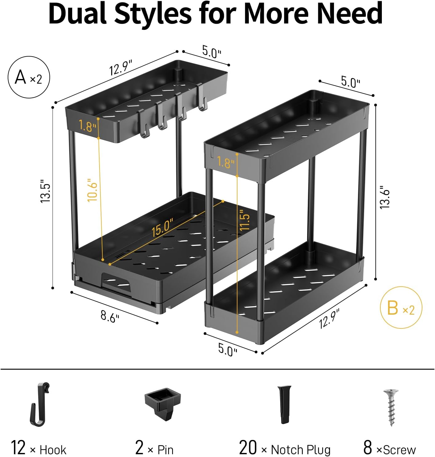 Delamu 4 Pack Under Sink Organizers and Storage, 2 Tier Pull Out Bathroom Cabinet Organizer, L-Shape Black Under Kitchen Sink Organizer, Under Counter Storage Organizer with Drawer