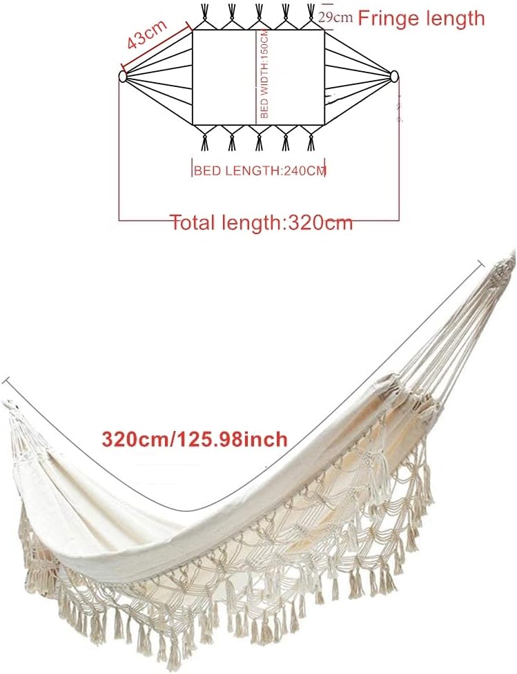 Outdoor Hammock Garden Hammock Cotton Hammock Bed Macrame Fringe Hammocks Boho Balcony Hammock Handmade Tassels 2 Person Double Hammock 250 kg for Home Beach Patio