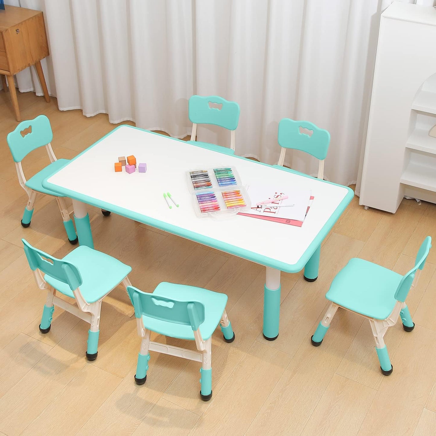 Kids Table and Chairs, Kids Table and Chair Set for Boys and Girls Age 2-12, Height Adjustable Table with 6 Seats, Preschool Table,Kids Table for Classrooms/Daycares/Homes