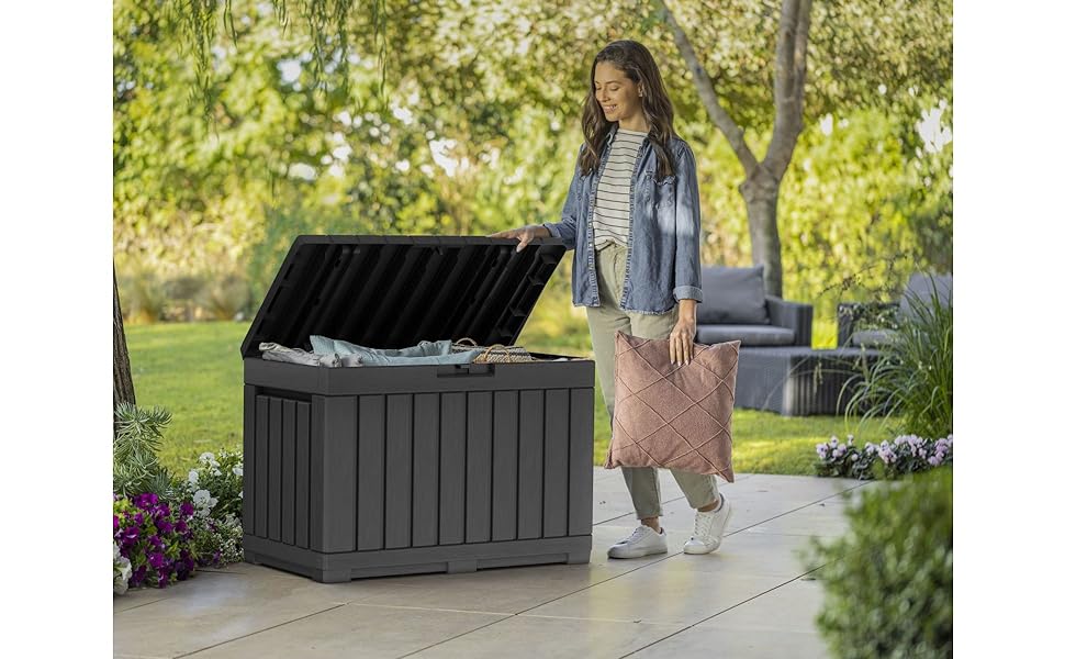 Keter Kentwood 50 Gallon Resin Deck Box-Organization and Storage for Patio Cushions, Throw Pillows and Garden Tools, Dark Grey