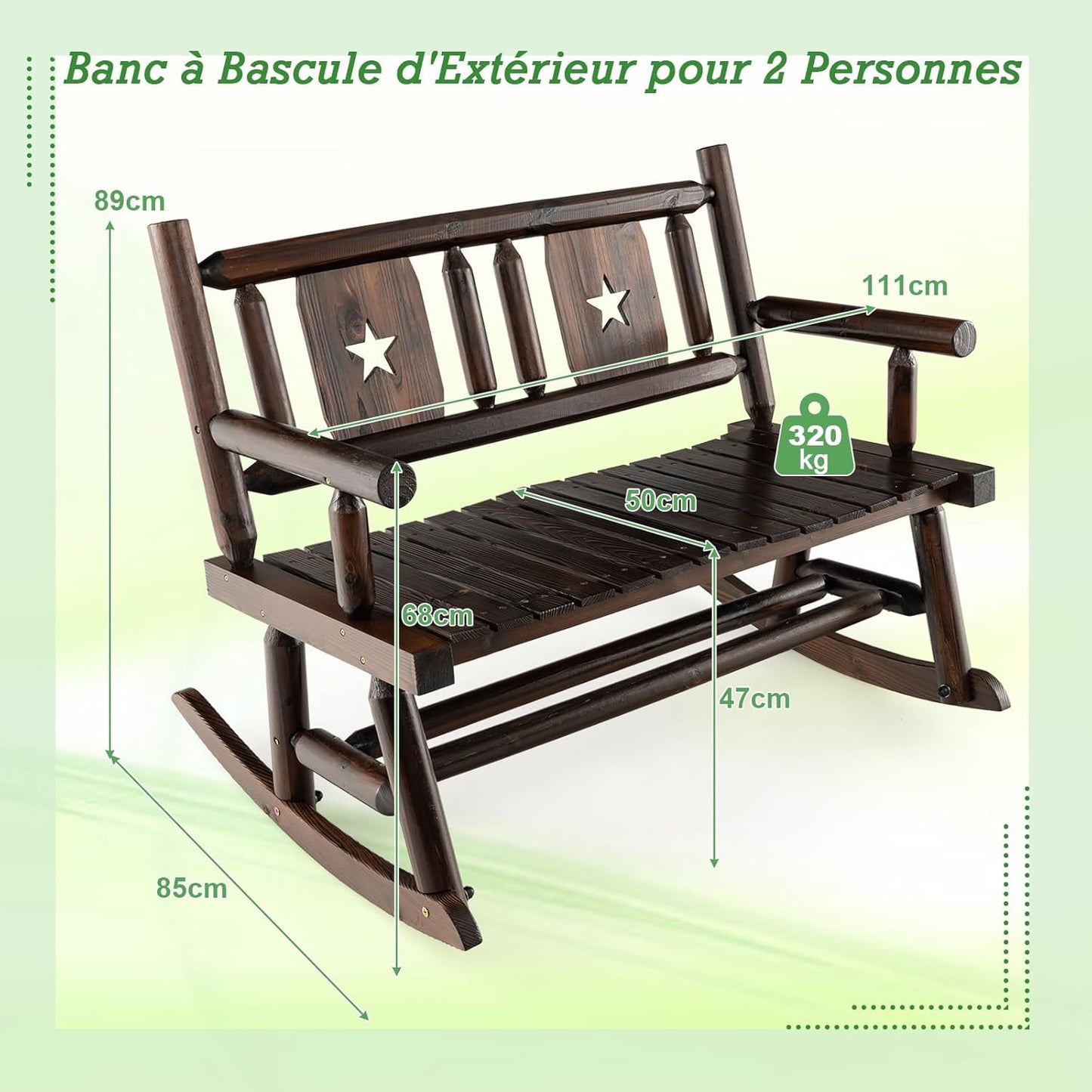 Garden Bench Rocking Bench Weatherproof Garden Swing Bench 2 Seater with Back and Armrests, Balcony Swing Bench Wood Carbonised Park Bench Swing Bench up to 320 kg Load Capacity 111 x 85 x 89