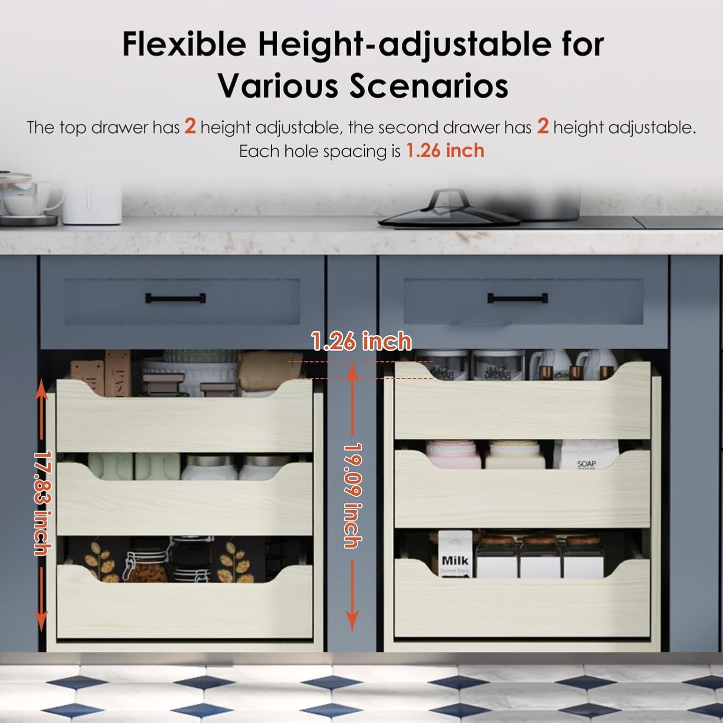 Adjustable Height Wood Pull Out Organizer 7.5” W × 21.5” D Smooth Pull Out Drawers for Cabinets 3 Tier Slide Out Drawers for Kitchen Cabinets Under Sink Wood