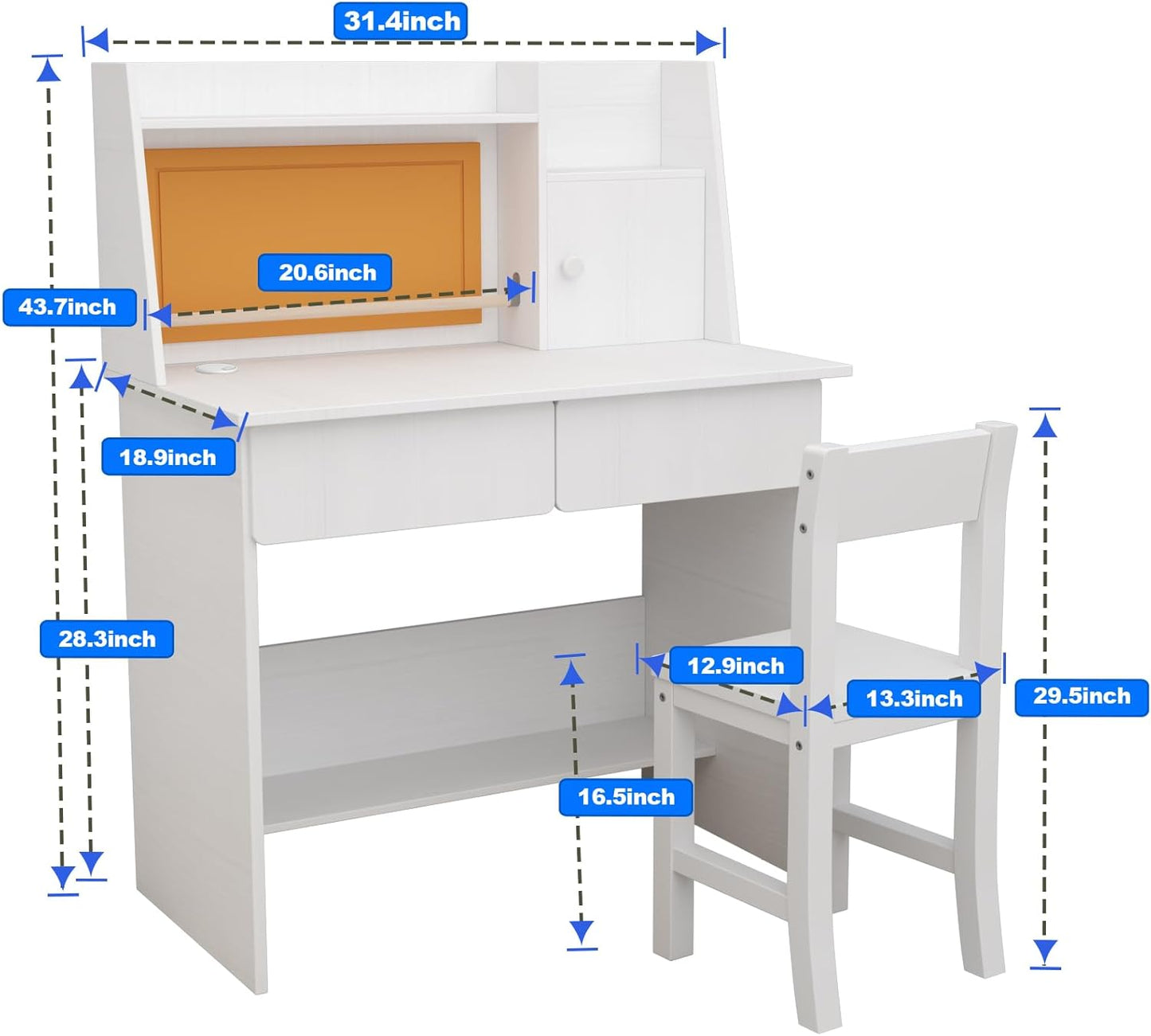 White Kids Desk and Chair Set for 5-12 Year Old, Childrens Drawing Desk with Wooden Tabletop Paper Roll Dispenser, Kids Study Table with Drawers and Storage Shelf-rd30