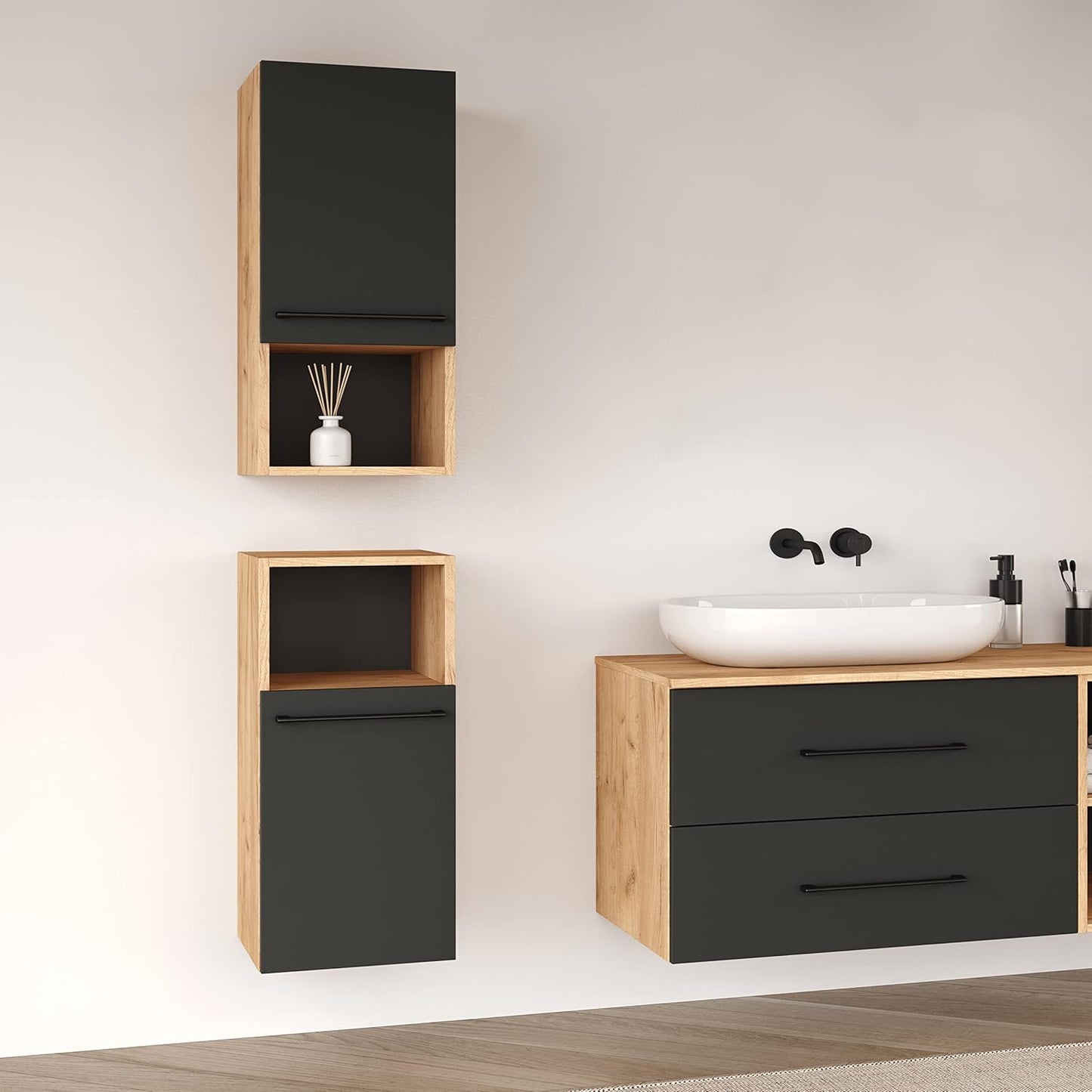 Bathroom Furniture Midi Cabinet Bathroom Cabinet Narrow Midi Cabinet Lux 30 cm in Gold Oak / Anthracite