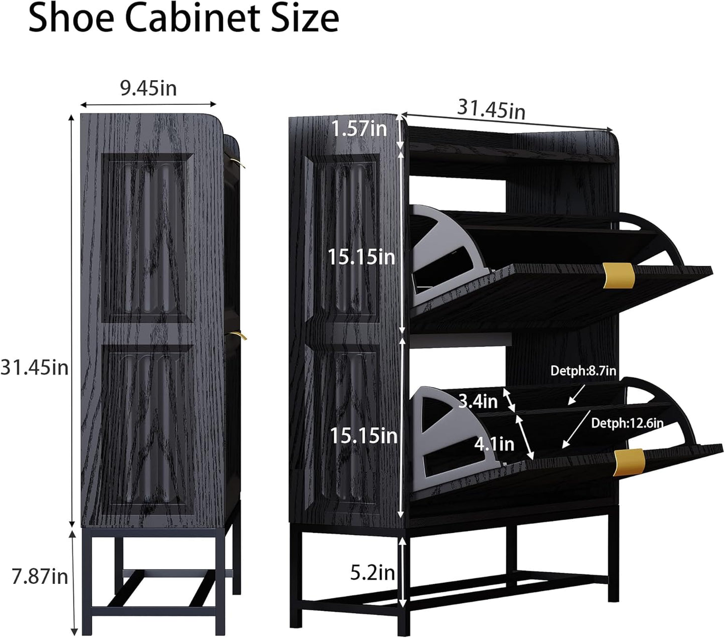 Shoe Storage Cabinet, Entryway Shoe Rack Cabinet with 2 Flip Drawers Metal Leg,Narrow/Slim/Wide Shoe Organizer Locker, 3-Sided Geometric Wavy Fluted Panel (Vintage Black, 31.5*9.5*40.0 Inch)