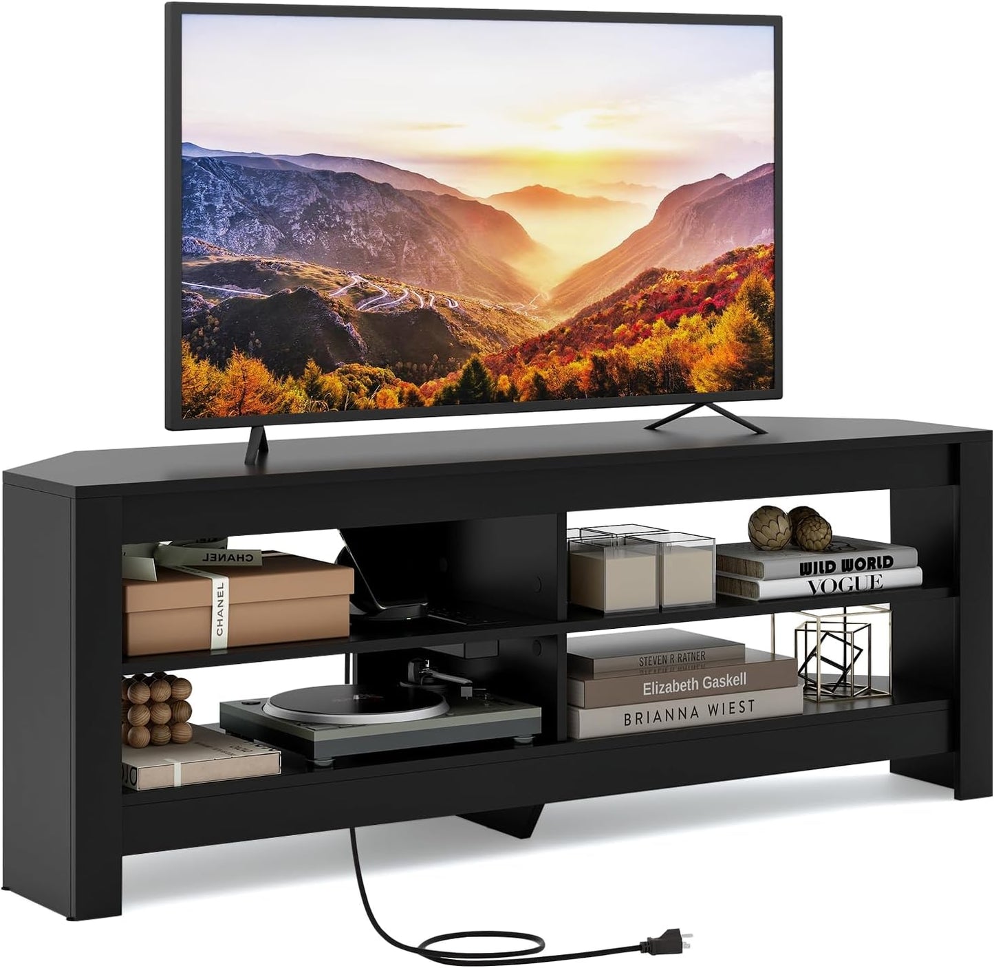 Corner TV Cabinet with Charging Station, TV Lowboard with 4 Open Shelves, TV Cabinet for TVs up to 65 Inches, TV Stand for Living Room, Bedroom, 140 x 40 x 49.5 cm, Black