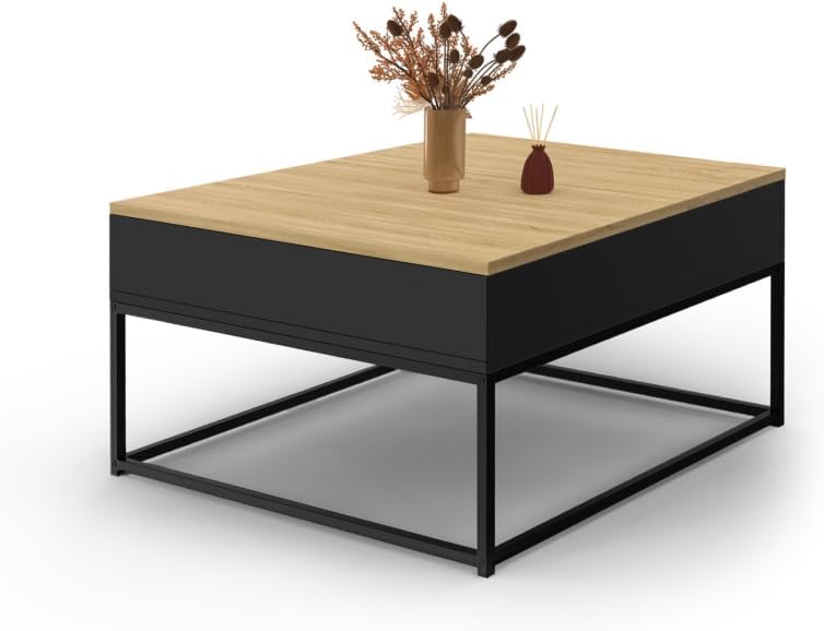 Black Square Coffee Table - Flip Up Top - Boston Effect Beech Industrial Design