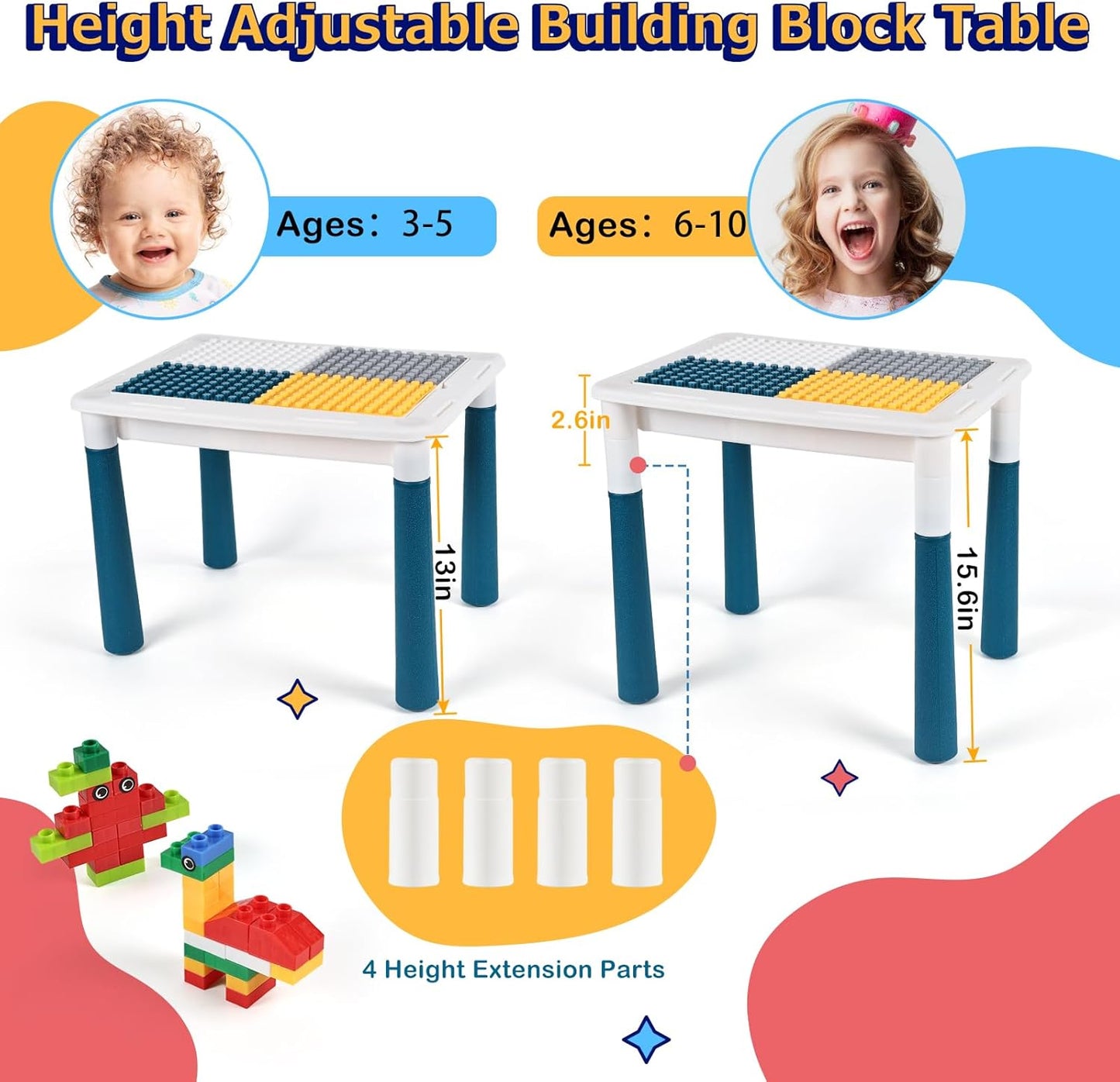 All-in-One Kids Multi-Functional Building Blocks Table, Activity Table and Chairs Set with 206 Pcs Building Brick Blocks, Storage, 4 Heighten Legs Water/Sand/Play/Dinning Table for Toddlers (Blue)