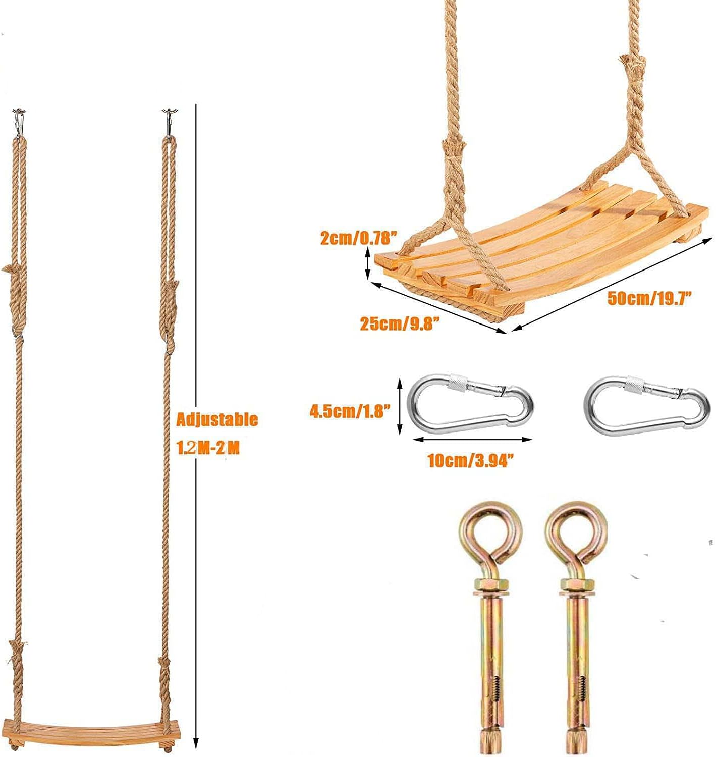 Wooden Swing Seat for Adults Children, Outdoor Wooden Swing with Adjustable Hemp Rope for Indoor and Outdoor Use, Extra Wide Seat, Tree Swing, 19 x 9.8 Inches, Load Capacity: 200 kg