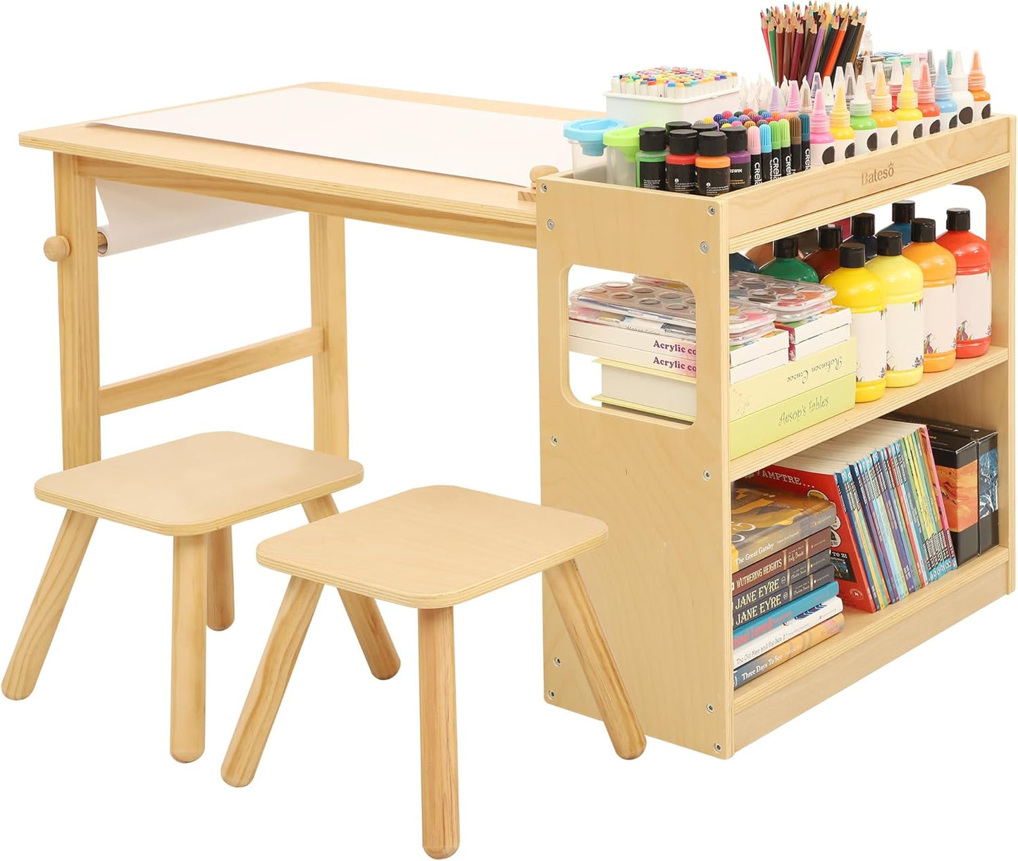 Kids Art Table & 2 Chairs Set with Roll Paper - Spacious Craft Table with Storage Shelves for Drawing, Activities, and Study - Ideal Wooden Furniture for Creative Play