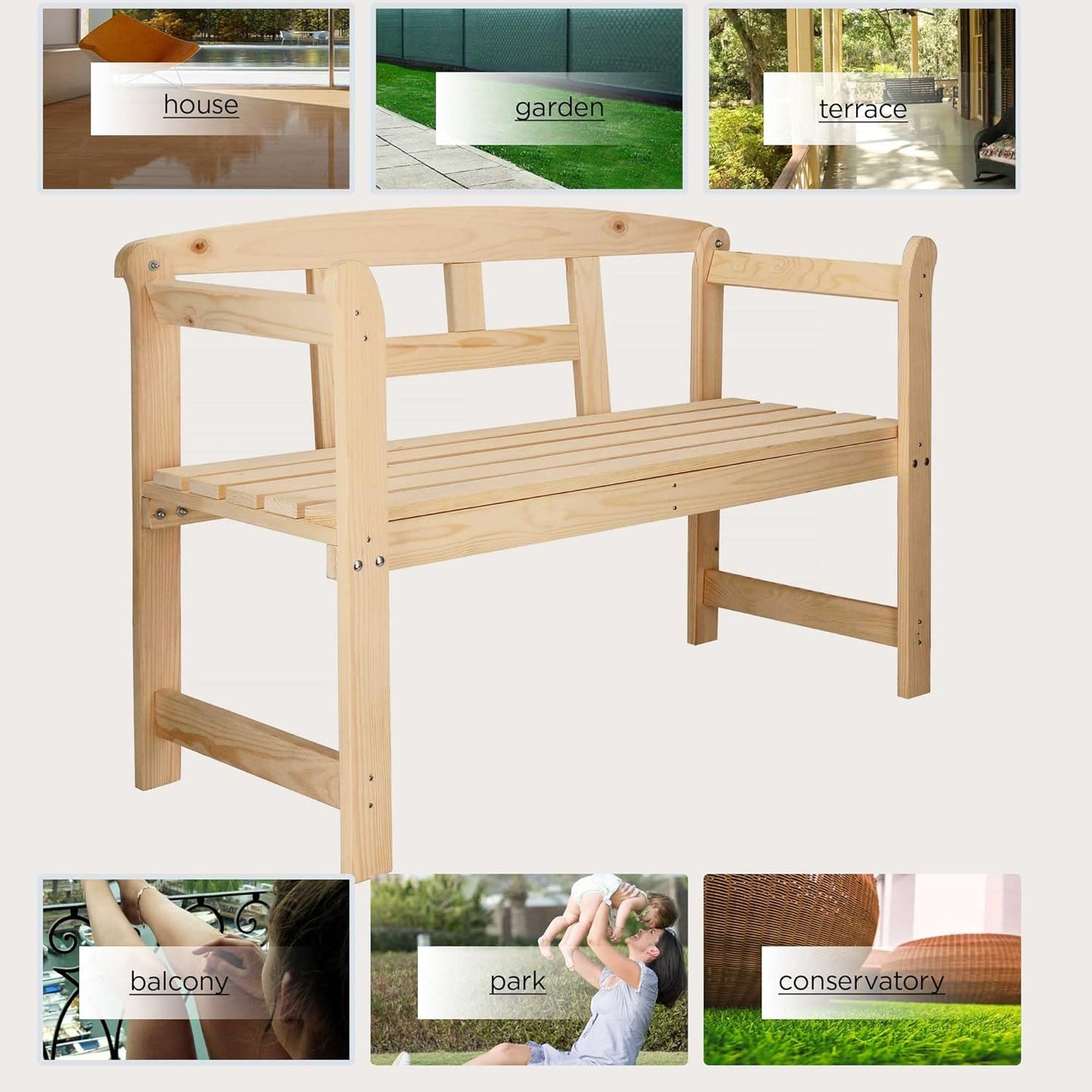 Wooden Bench with Armrests for 2 People, Garden Bench, 119 x 45 x 78 cm, Country House Style, Solid Raw Wood