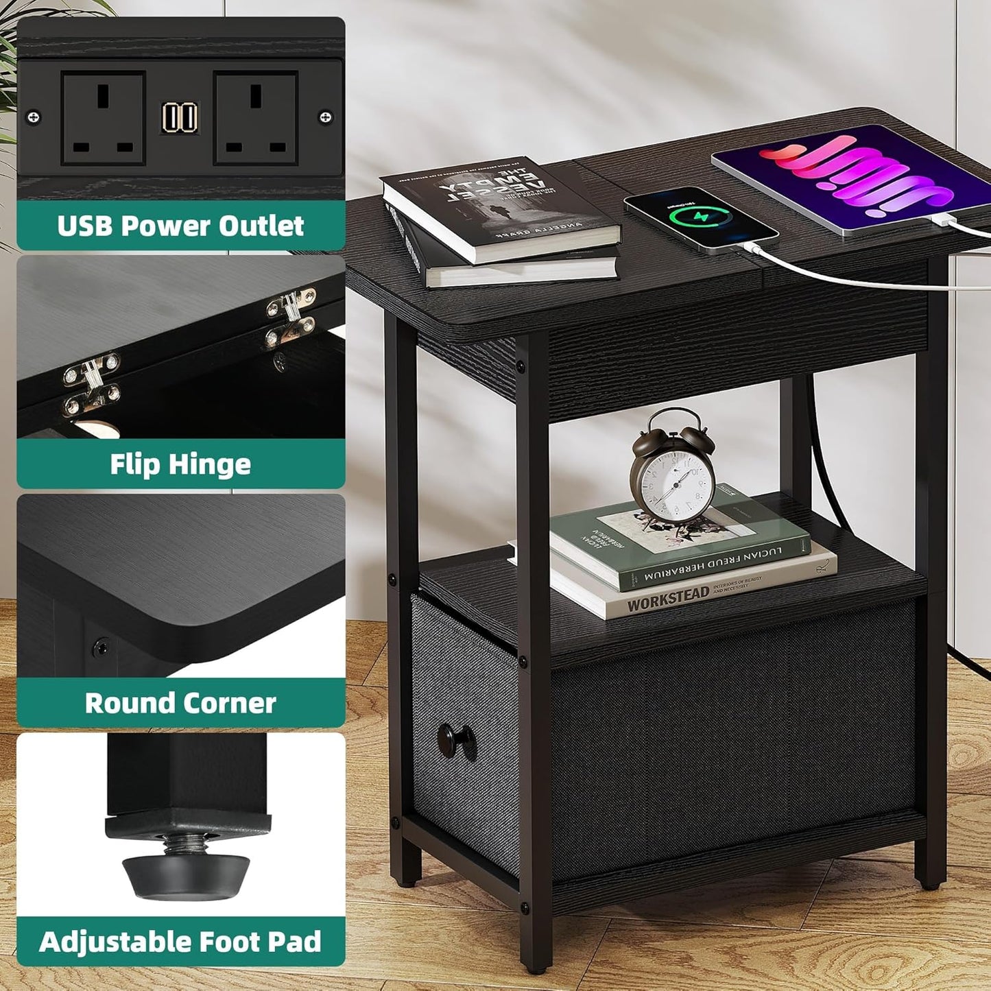 Side Table with Charging Station, Bedside Table with Charging Function, Small Bedside Table with 2 Sockets and 2 USB Ports, Modern Wood, Coffee Table, Coffee Table for Living Room, Bedroom