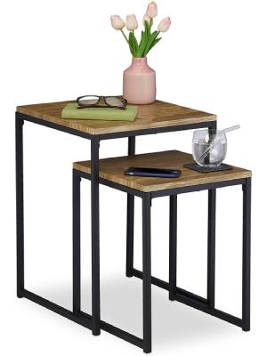 Set of 2 Stackable Side Tables, Industrial Design, 2 Sizes, Square, Metal, Wood Effect/Black