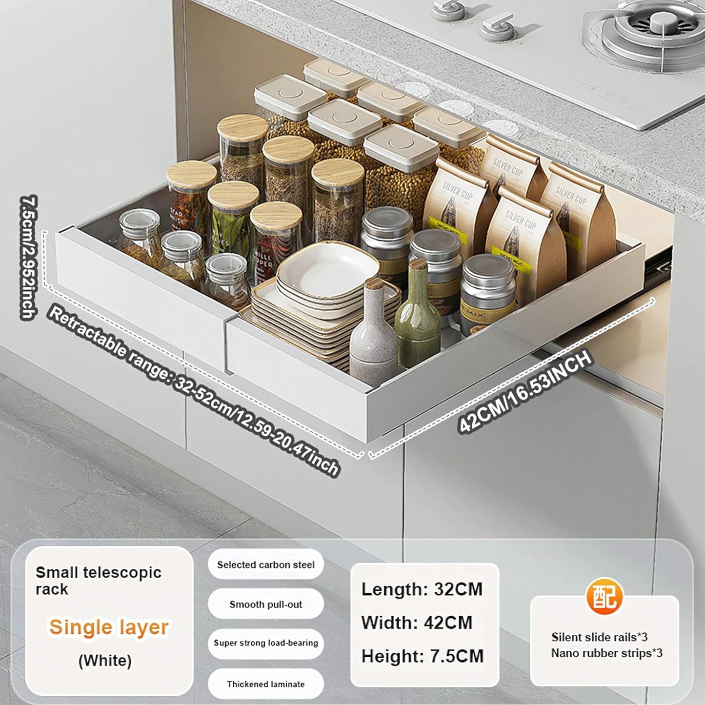 BOSKE 1 Pack Pull out Cabinet Organizer 16.5" Deep, Expandable (12.5"-20.5") Slide out Drawers for Kitchen Cabinets with Adhesive Nano Films, Upgraded 3 Slide Rails Roll Out Drawers (White)